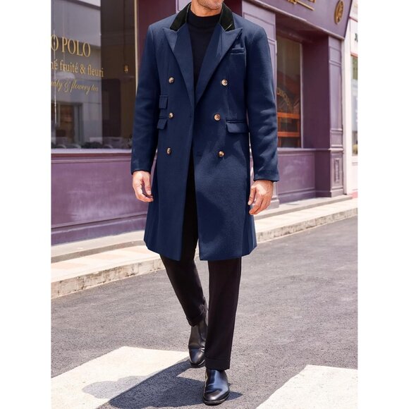 💫 Men Blue Long Trench Coat Lapel Double Breasted Casual Winter Warm Pea Coat - Picture 3 of 5
